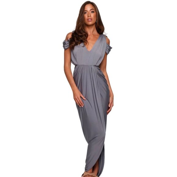Pia Gladys Perey Dionne Dress Stretch Grey Gathered High Slit Fitted Size Large - Picture 13 of 15